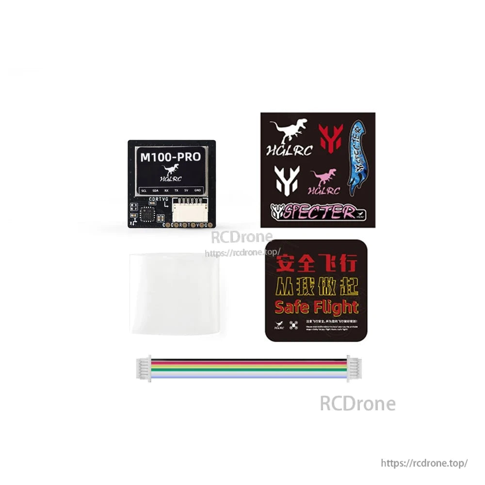 Package contents: M100-PRO GPS module, ribbon cable, mounting pad, and HGLRC sticker sheets