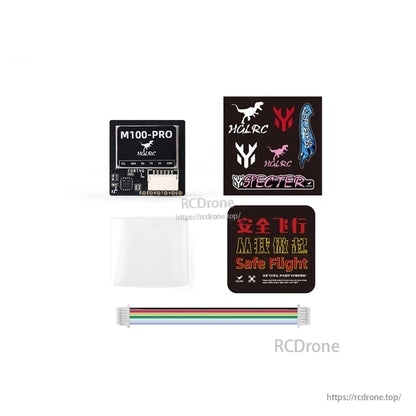 Package contents: M100-PRO GPS module, ribbon cable, mounting pad, and HGLRC sticker sheets