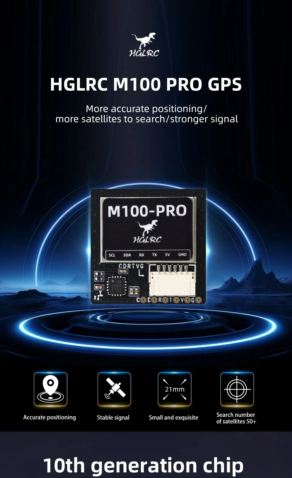 HGLRC M100 PRO GPS module hero graphic highlighting 10th‑gen B101 chip and 50+ satellite search
