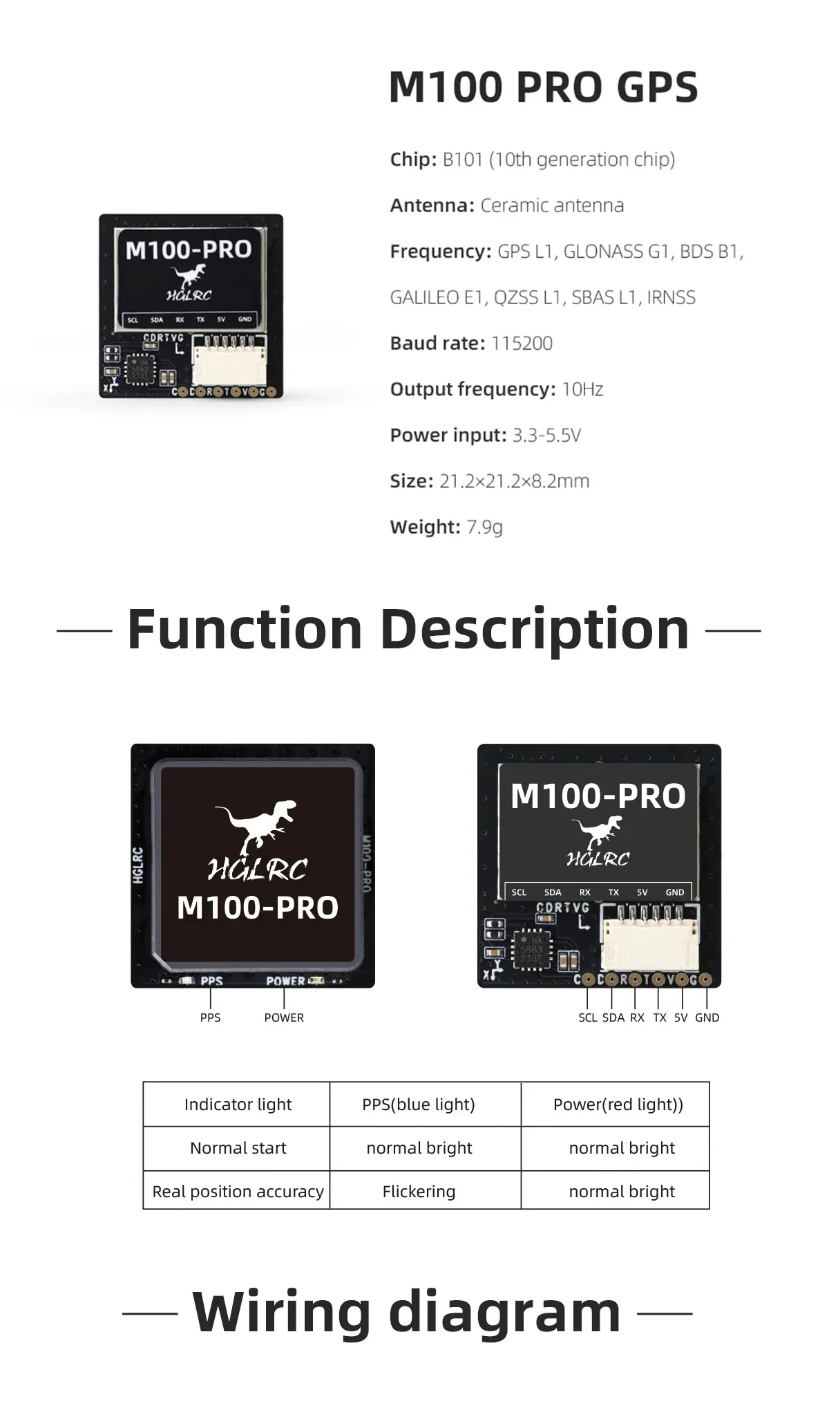 M100 PRO GPS specification sheet with module photos, indicator status table, and wiring diagram header