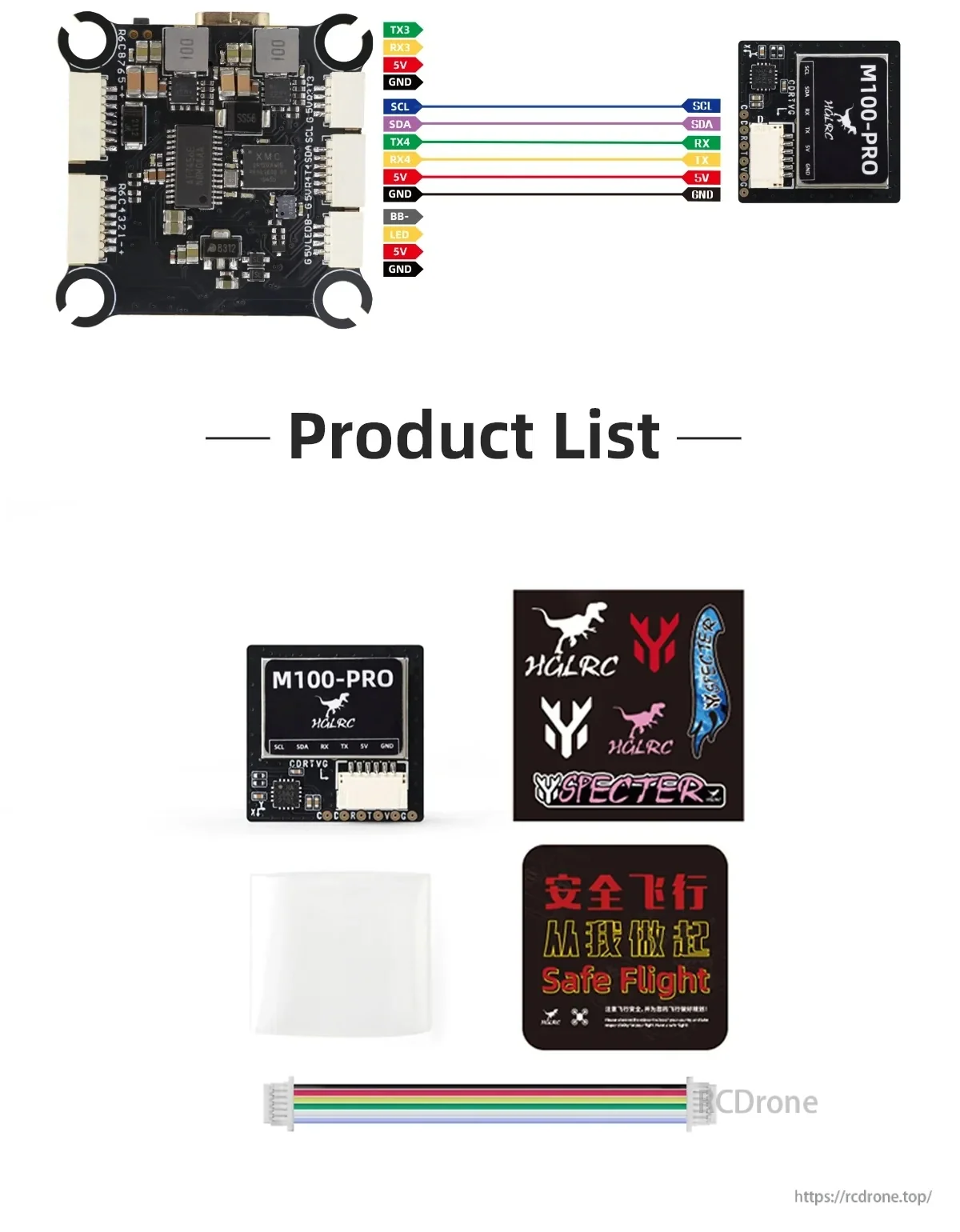 Flight controller to M100‑PRO GPS wiring diagram plus package contents: module, stickers, heat shrink, 6‑pin cable