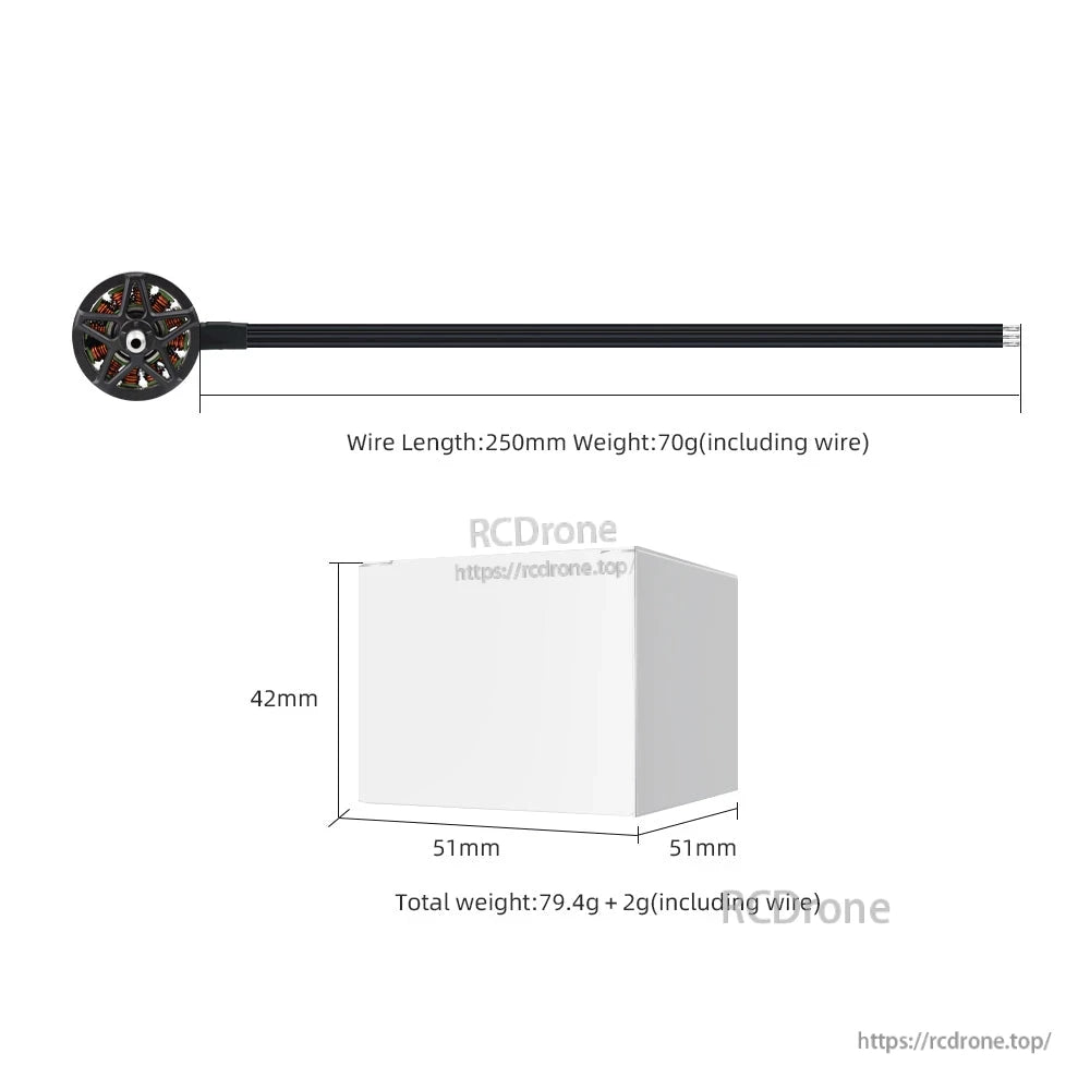 Wire length and package size diagram: 250mm lead, 51x51x42mm box, weights listed