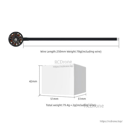 Wire length and package size diagram: 250mm lead, 51x51x42mm box, weights listed