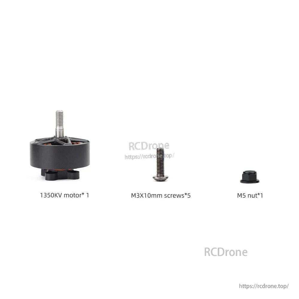 Package contents: 1350KV motor, five M3x10mm screws, and one M5 nut