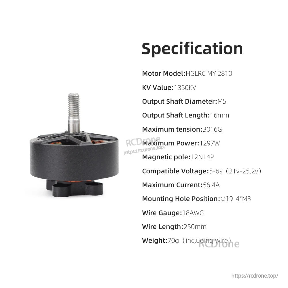 Specification chart for HGLRC MY 2810 1350KV brushless motor (model, voltage, current, size)