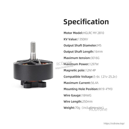 Specification chart for HGLRC MY 2810 1350KV brushless motor (model, voltage, current, size)