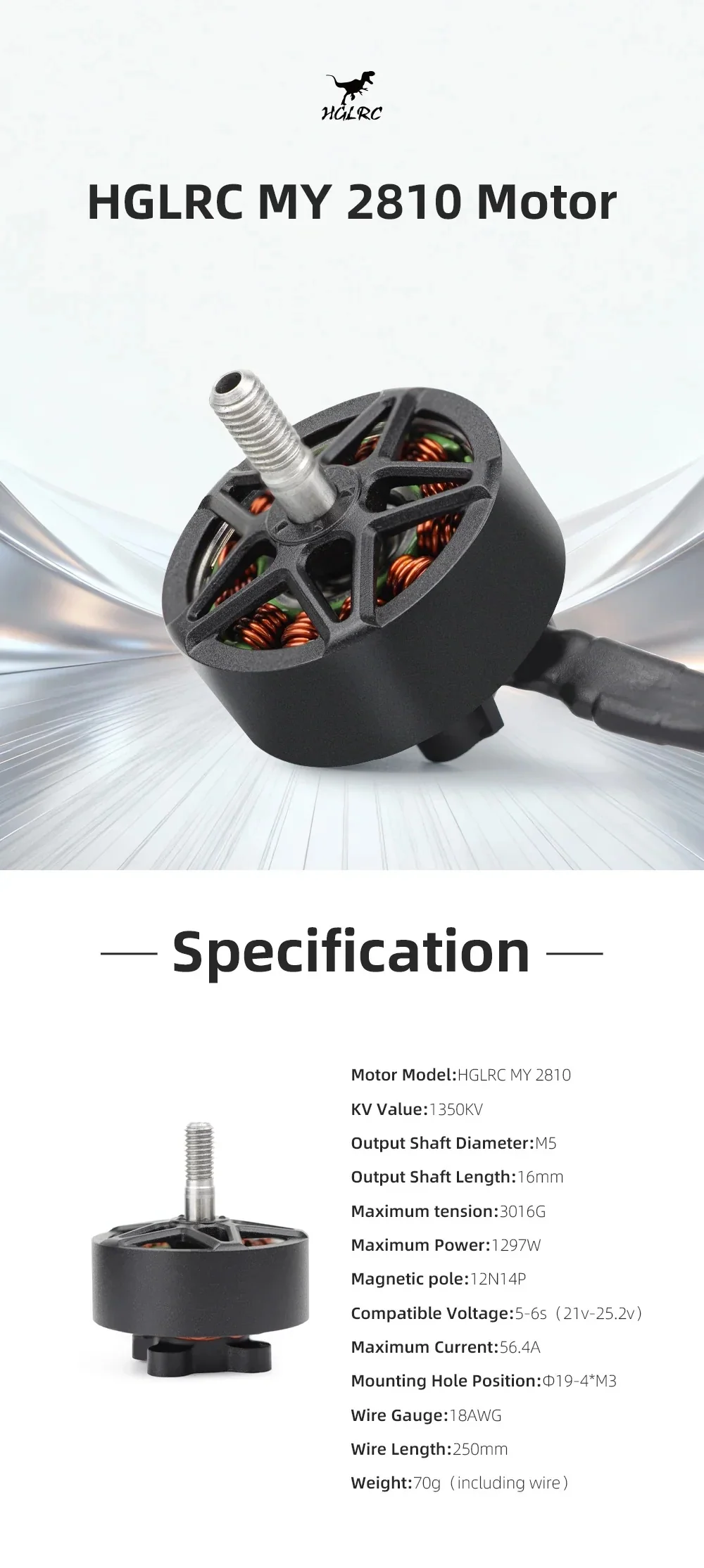 HGLRC MY 2810 1350KV brushless motor with M5 output shaft, designed for high-load 5–6S 7–8 inch builds