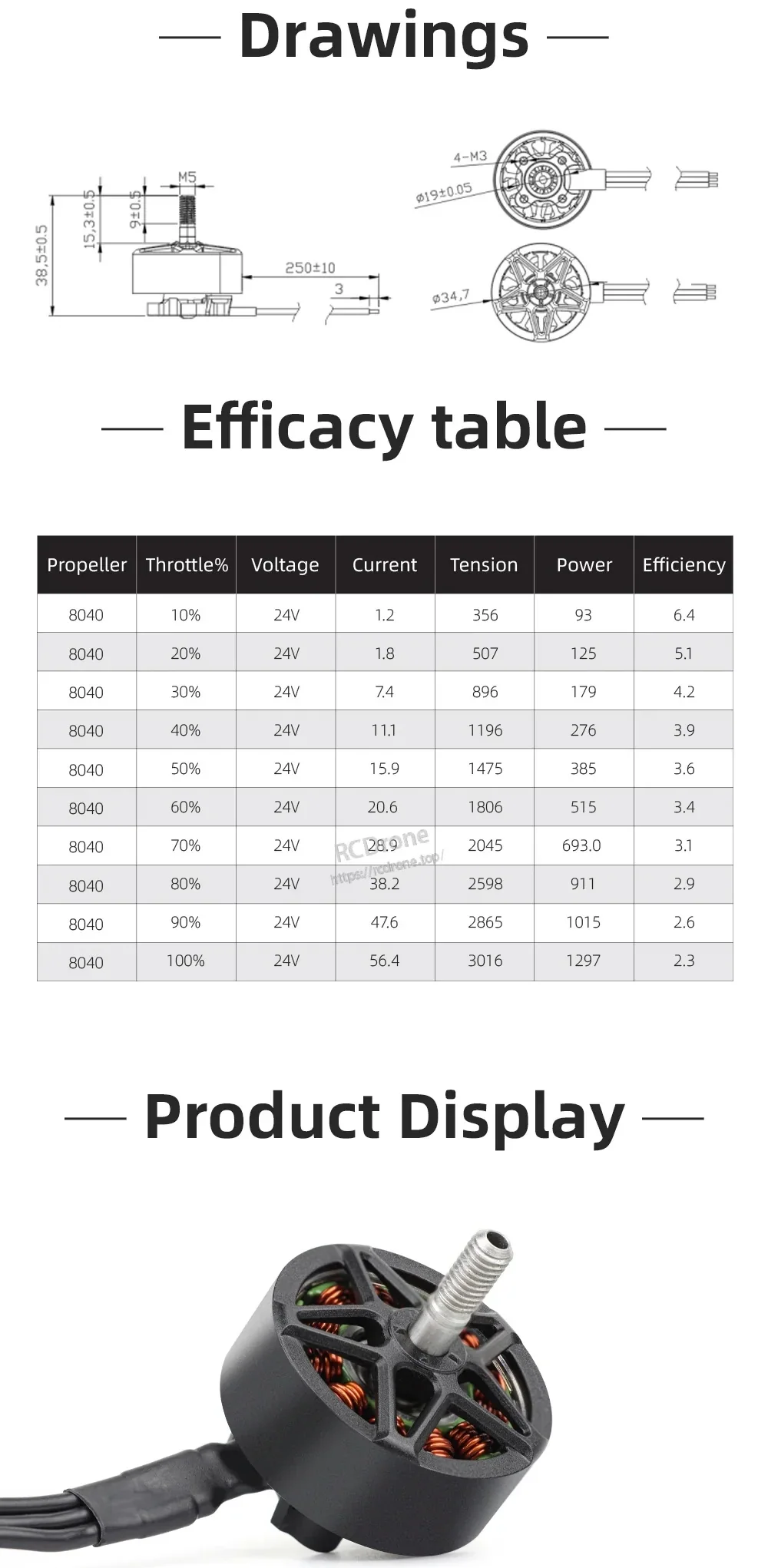 HGLRC MY 2810 motor dimensions and 8040 propeller performance table at 24V, including current, thrust, power and efficiency