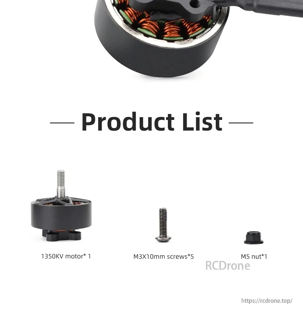 Package contents for MY 2810 1350KV motor: motor, five M3×10mm screws, and an M5 nut