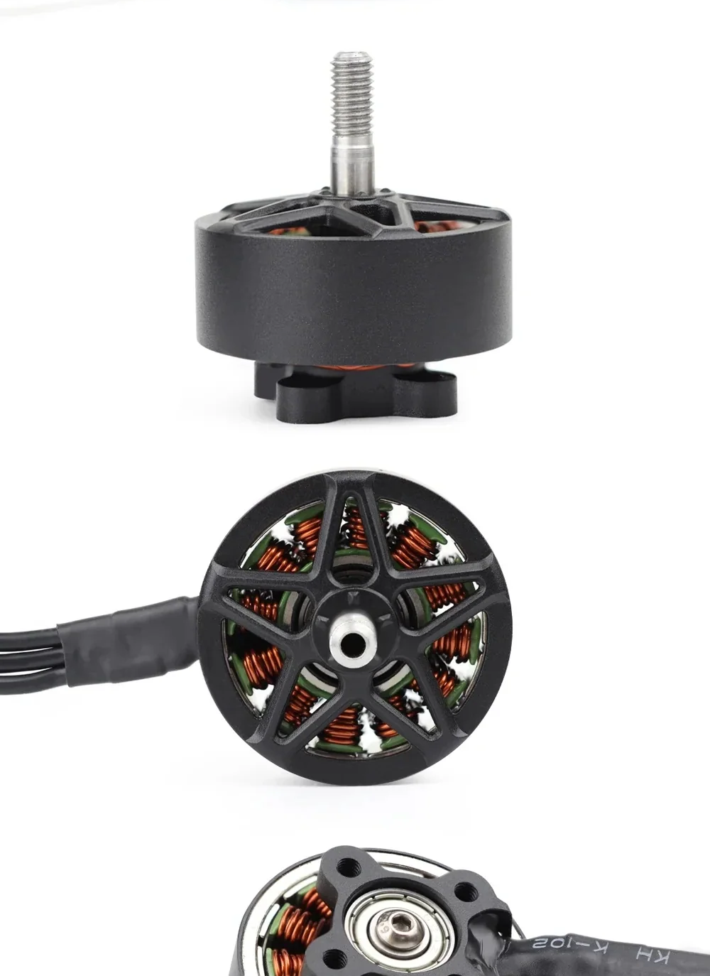 Multiple-angle views of the MY 2810 motor, highlighting open stator ventilation, winding detail, and bottom mounting base