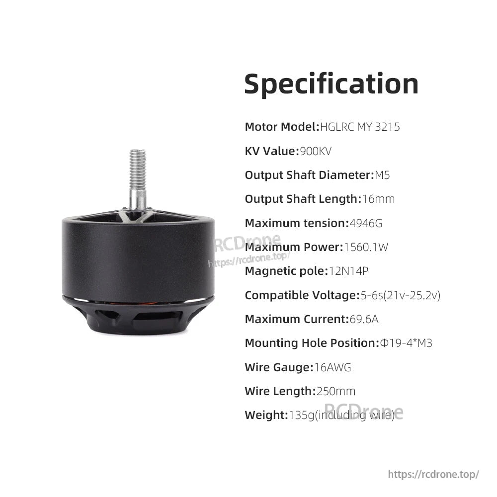HGLRC MY 3215 900KV motor specification chart with voltage, current, weight and dimensions