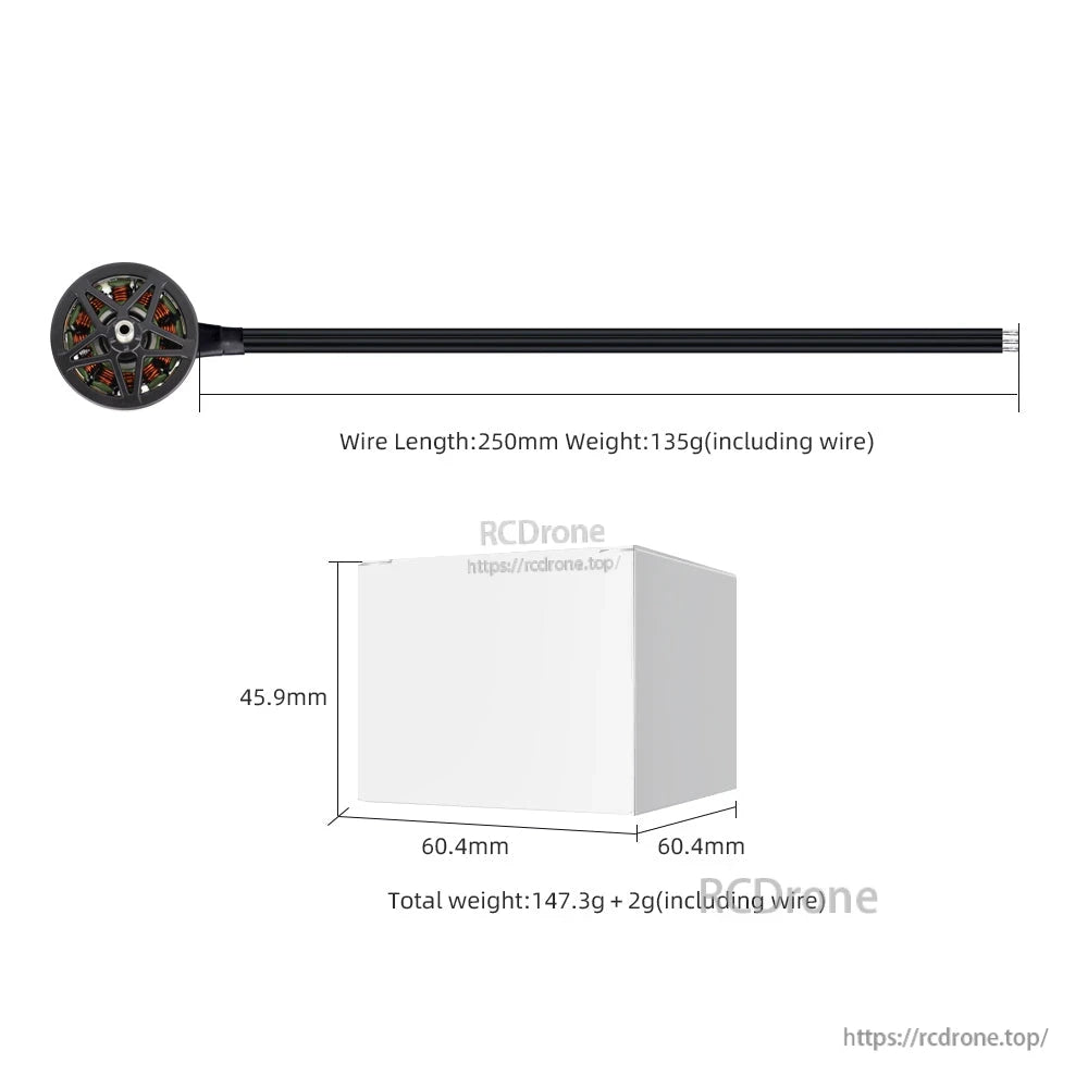 Wire length and package size diagram showing 250mm lead and box dimensions