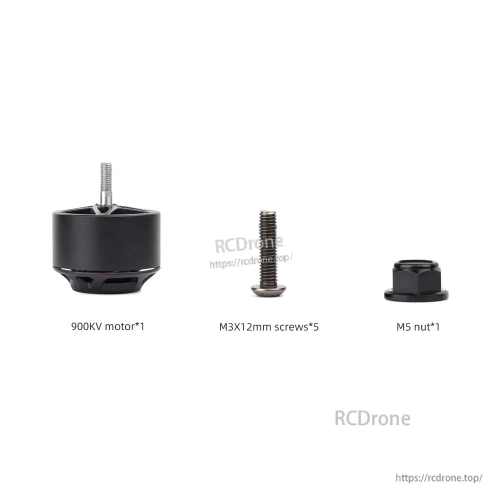 Package contents: 900KV motor, five M3x12mm screws, and one M5 nut