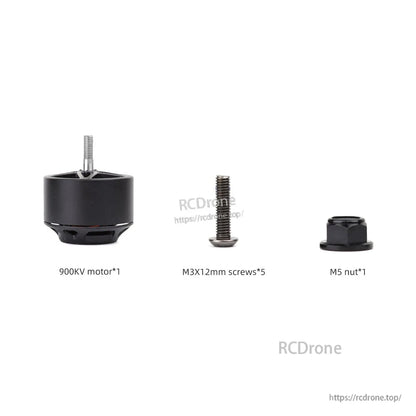 Package contents: 900KV motor, five M3x12mm screws, and one M5 nut