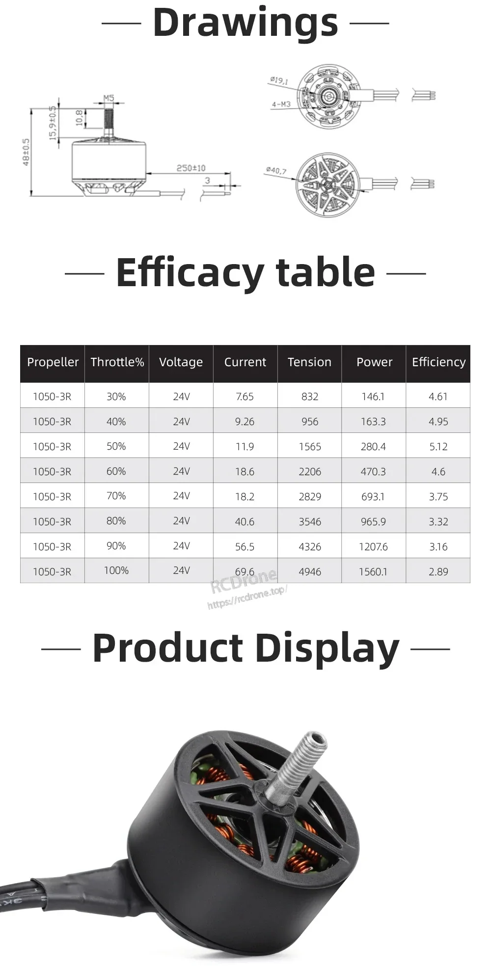 HGLRC MY 3215 900KV motor mechanical drawings and 24V efficacy table for 1050-3R prop performance