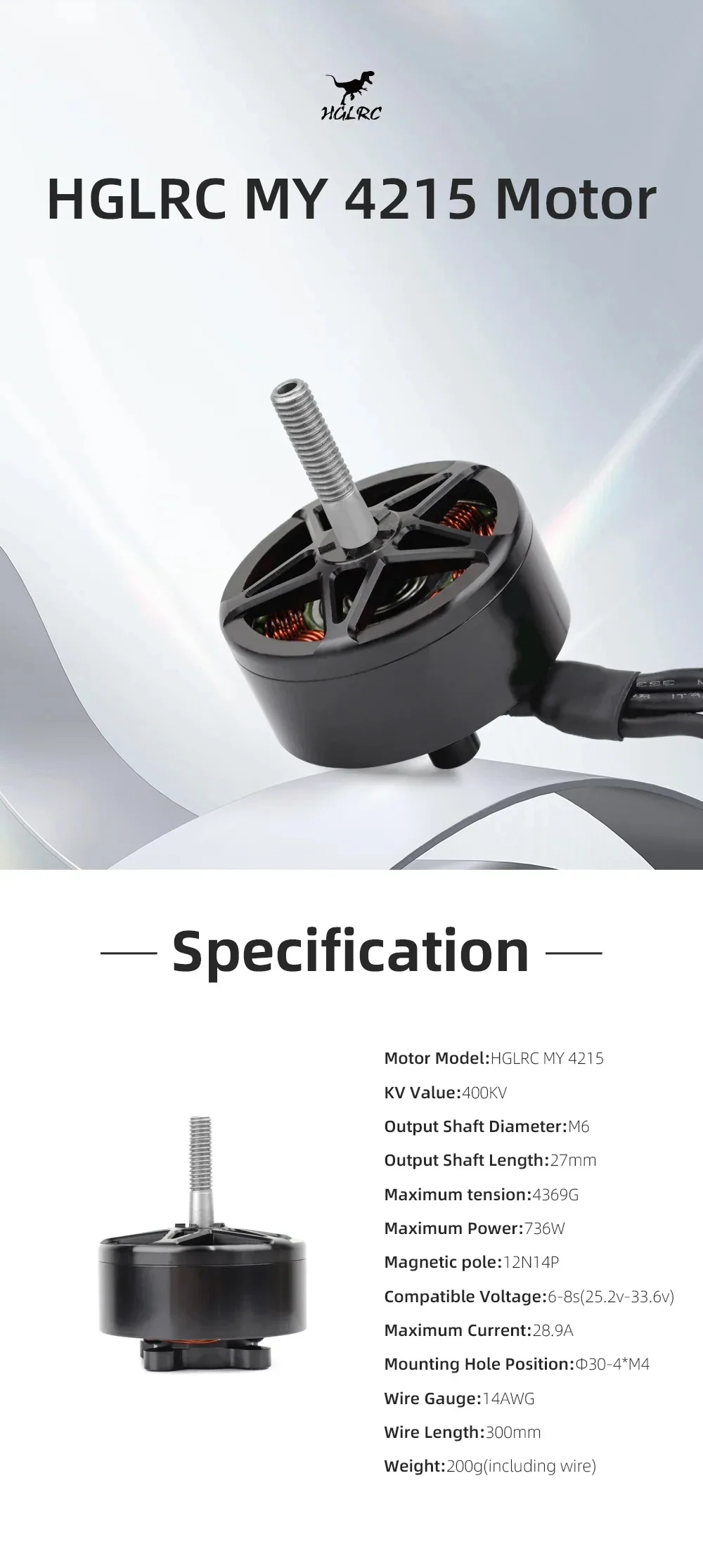 HGLRC MY 4215 400KV brushless motor for 6–8S setups, M6 shaft, high-load 16-inch prop class