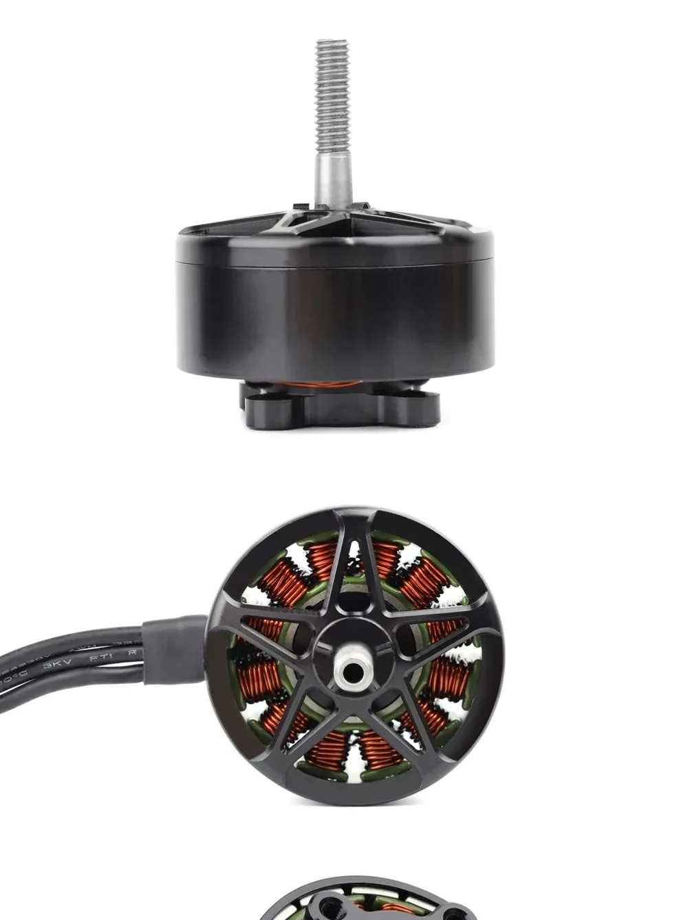 HGLRC MY 4215 400KV motor side and top views highlighting the M6 threaded shaft and open stator layout
