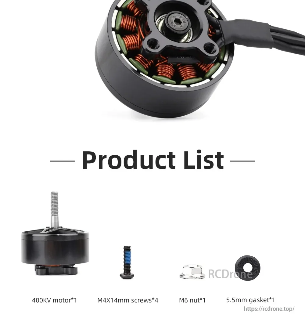 Package contents for MY 4215 400KV motor: motor, four M4×14 screws, M6 nut, and 5.5mm gasket
