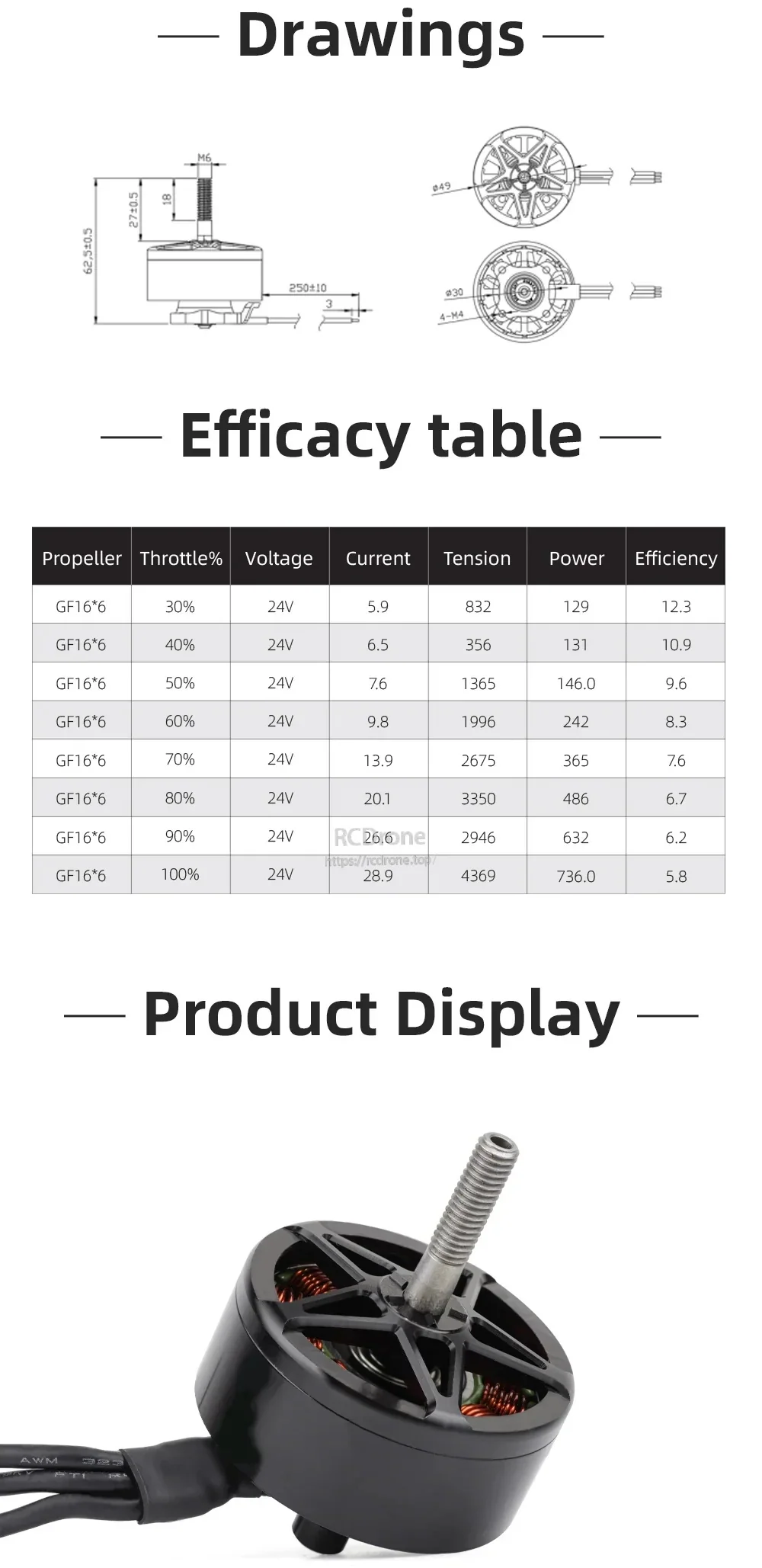 MY 4215 motor dimension drawings and GF 16×6 efficiency table at 24V for 6–8S configuration planning