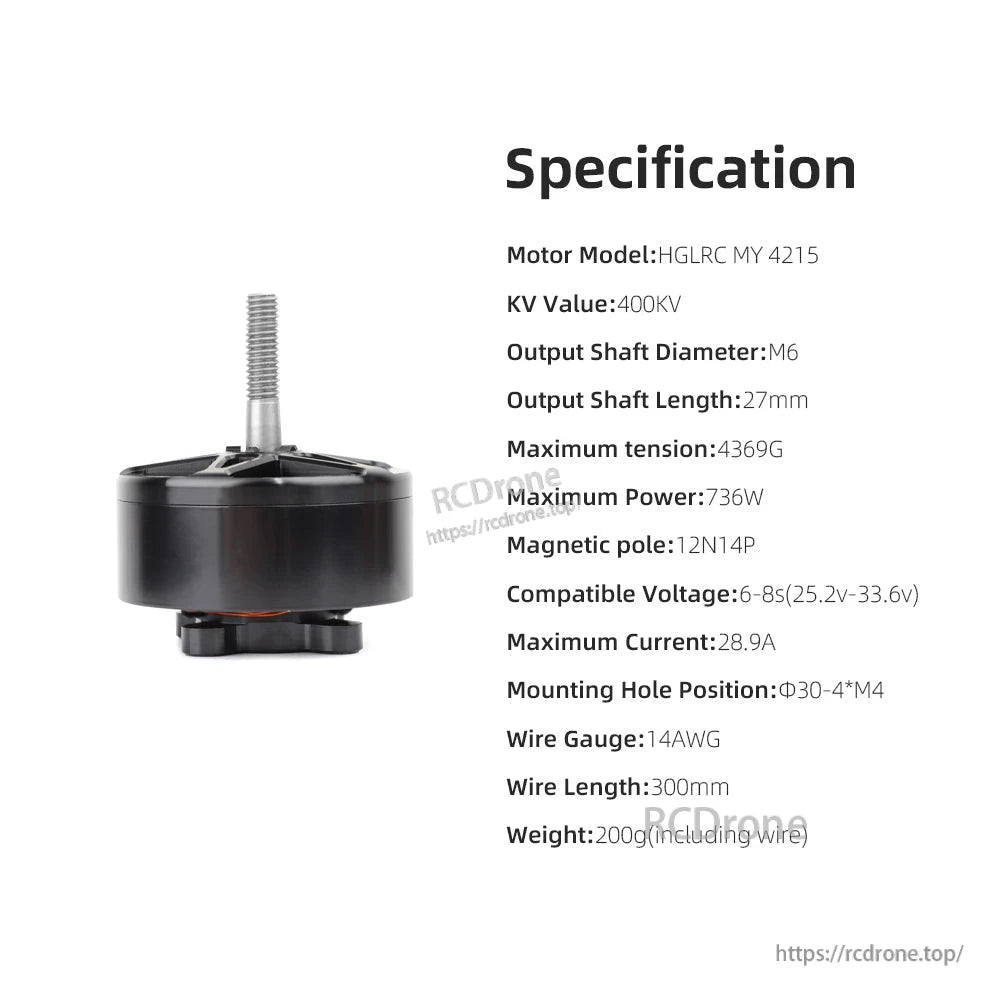 Specification chart for HGLRC MY 4215 400KV motor with M6 shaft and 6–8S voltage range
