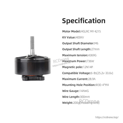Specification chart for HGLRC MY 4215 400KV motor with M6 shaft and 6–8S voltage range