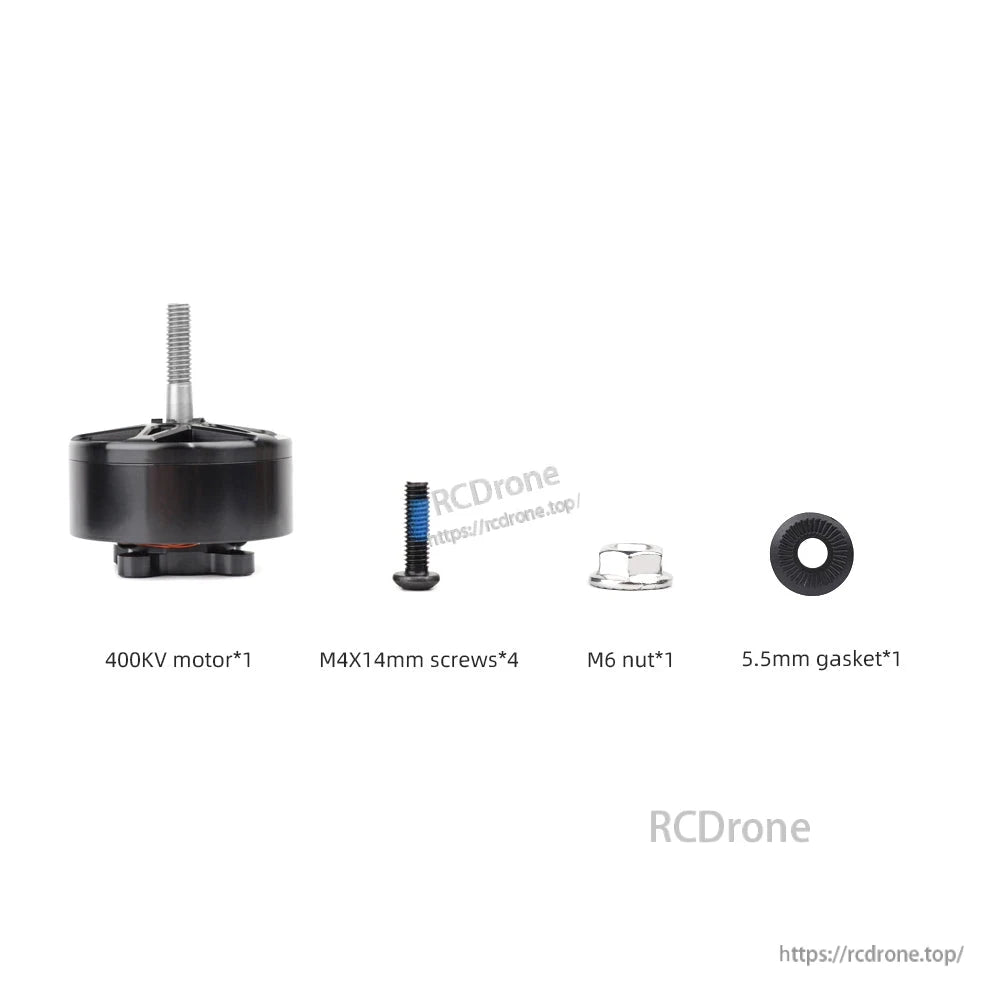 Package contents: 400KV motor, four M4x14mm screws, M6 nut, and 5.5mm gasket