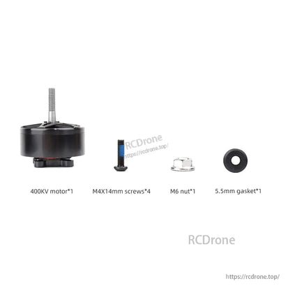 Package contents: 400KV motor, four M4x14mm screws, M6 nut, and 5.5mm gasket