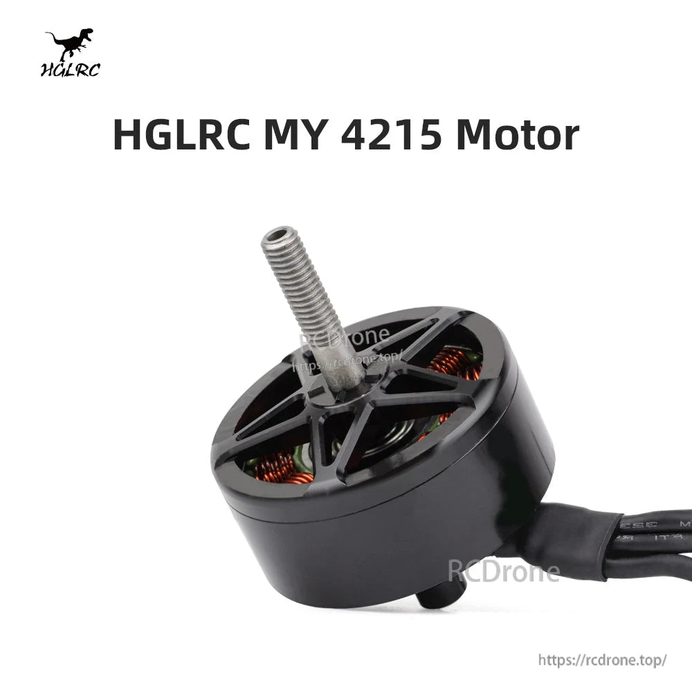 HGLRC MY 4215 motor angled product shot with top cage and threaded output shaft