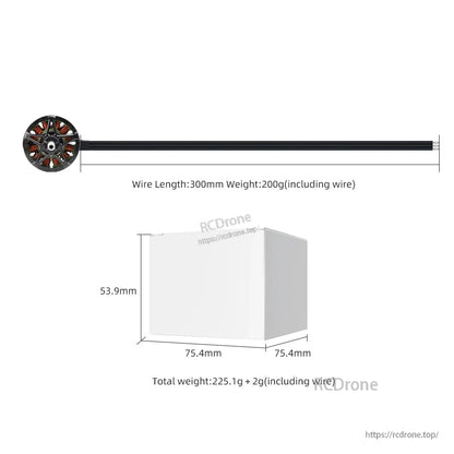 Wire length and package size diagram showing 300mm leads and box dimensions 75.4×75.4×53.9mm