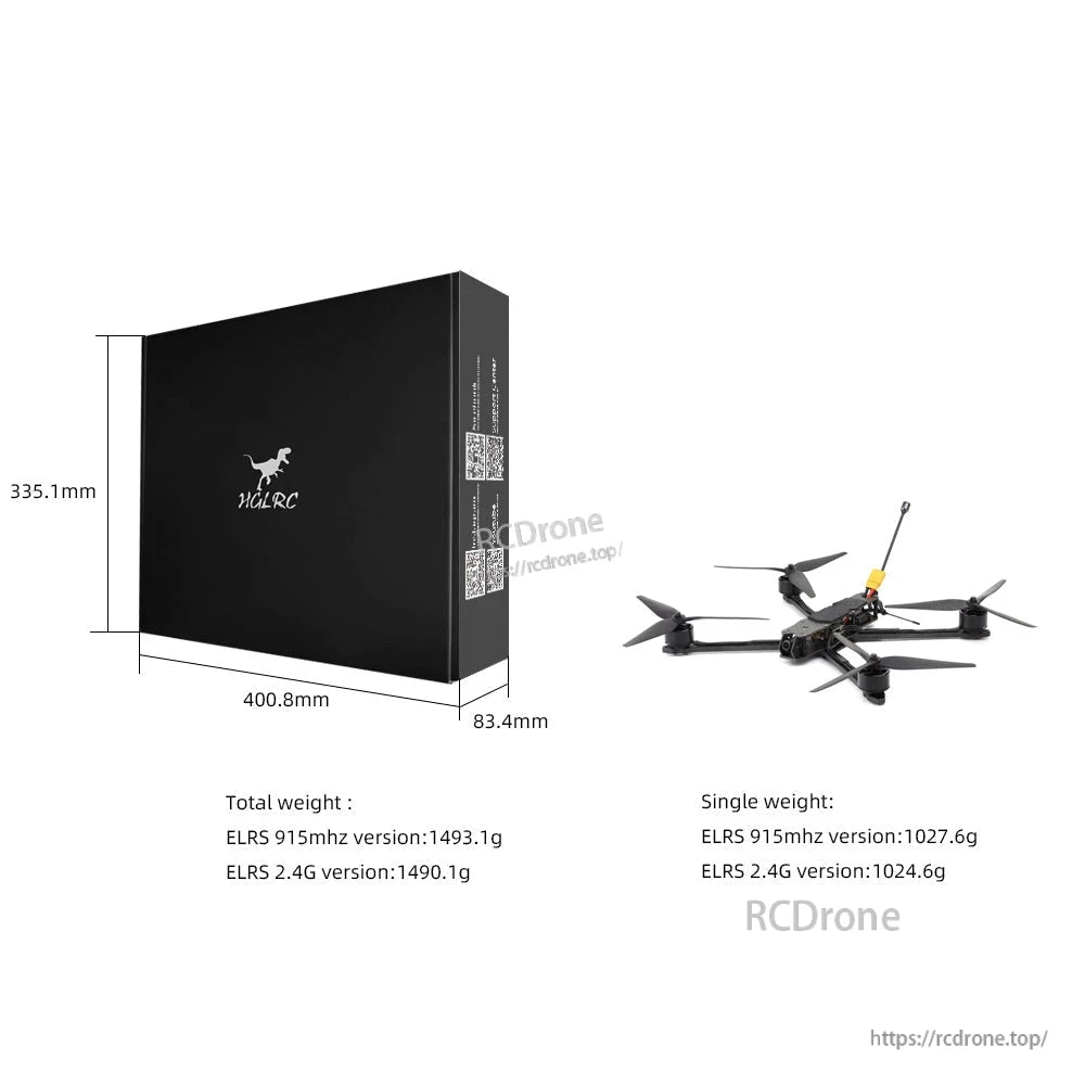 HGLRC box size diagram with dimensions and listed total and single weight for ELRS 915MHz and 2.4G