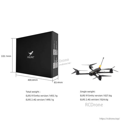 HGLRC box size diagram with dimensions and listed total and single weight for ELRS 915MHz and 2.4G