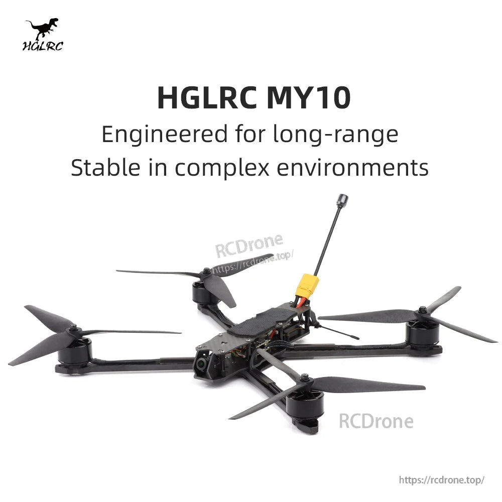 HGLRC MY10 promotional graphic with drone photo and text 'Engineered for long-range'
