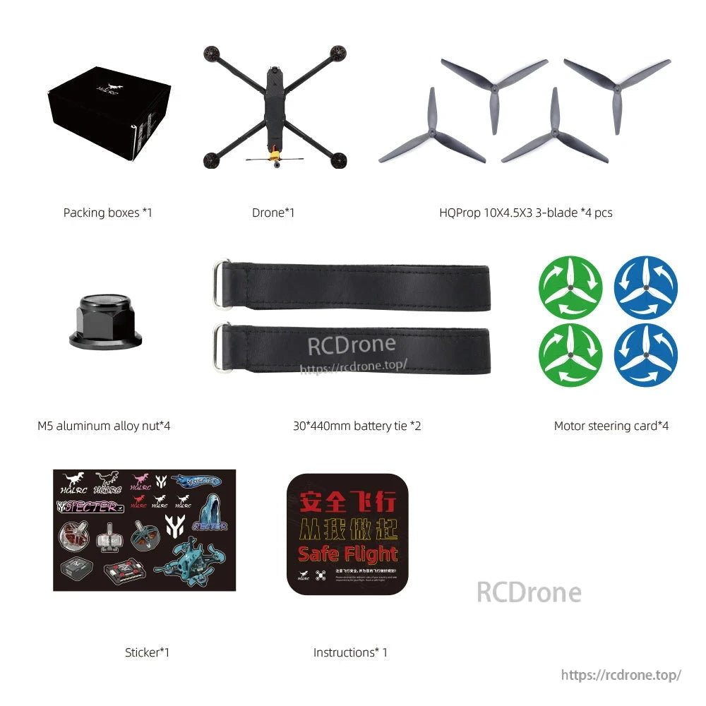Package contents: MY10 drone, HQProp 10x4.5x3 props, battery straps, motor pads, nuts, stickers, manual