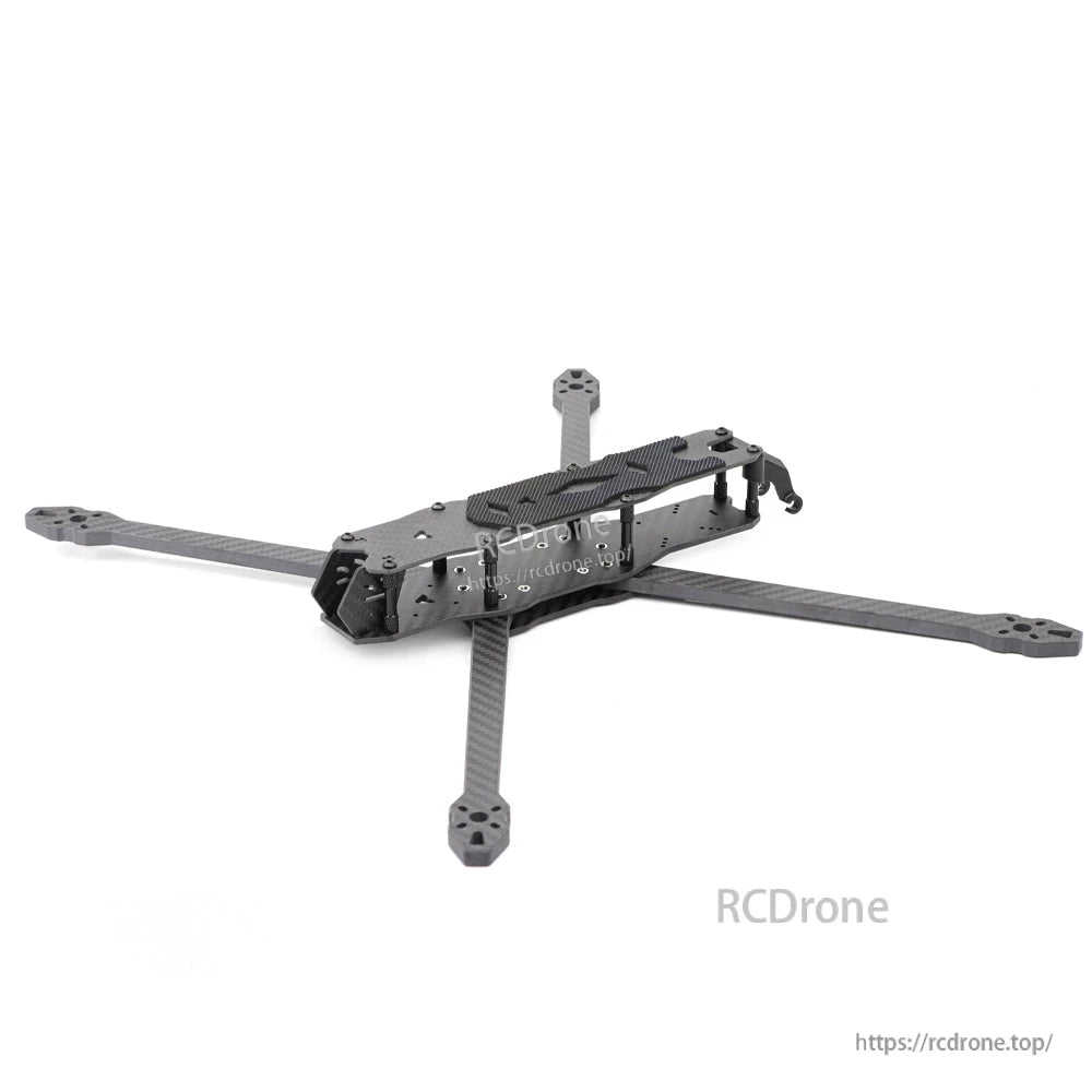 Angled front-top view of MY10 frame showing main body plates and four extended carbon arms