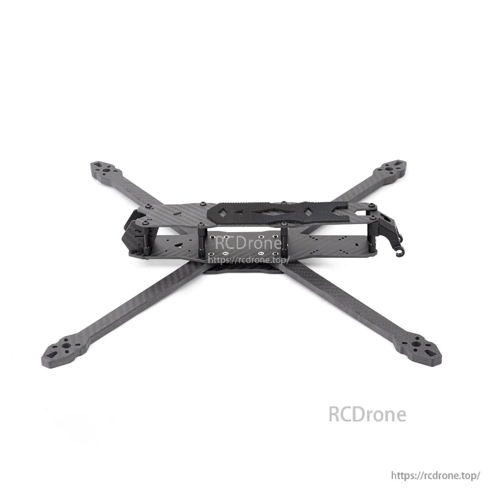 Low side profile of the MY10 FPV frame showing stacked plate height and mounting standoffs