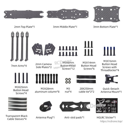 HGLRC MY10 frame kit parts layout: top, middle, bottom plates, 7mm arms, screws, columns, mount