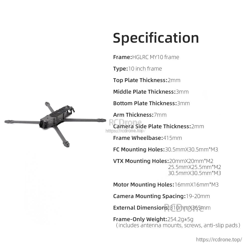 HGLRC MY10 frame specification sheet listing plate thickness, wheelbase, mounting holes, dimensions
