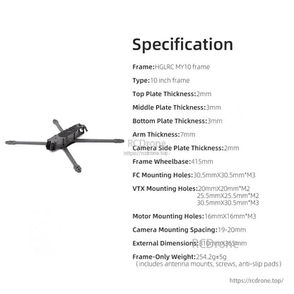 HGLRC MY10 frame specification sheet listing plate thickness, wheelbase, mounting holes, dimensions