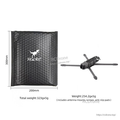 HGLRC bubble mailer packaging with size 200×300mm and total weight 323g shown beside frame