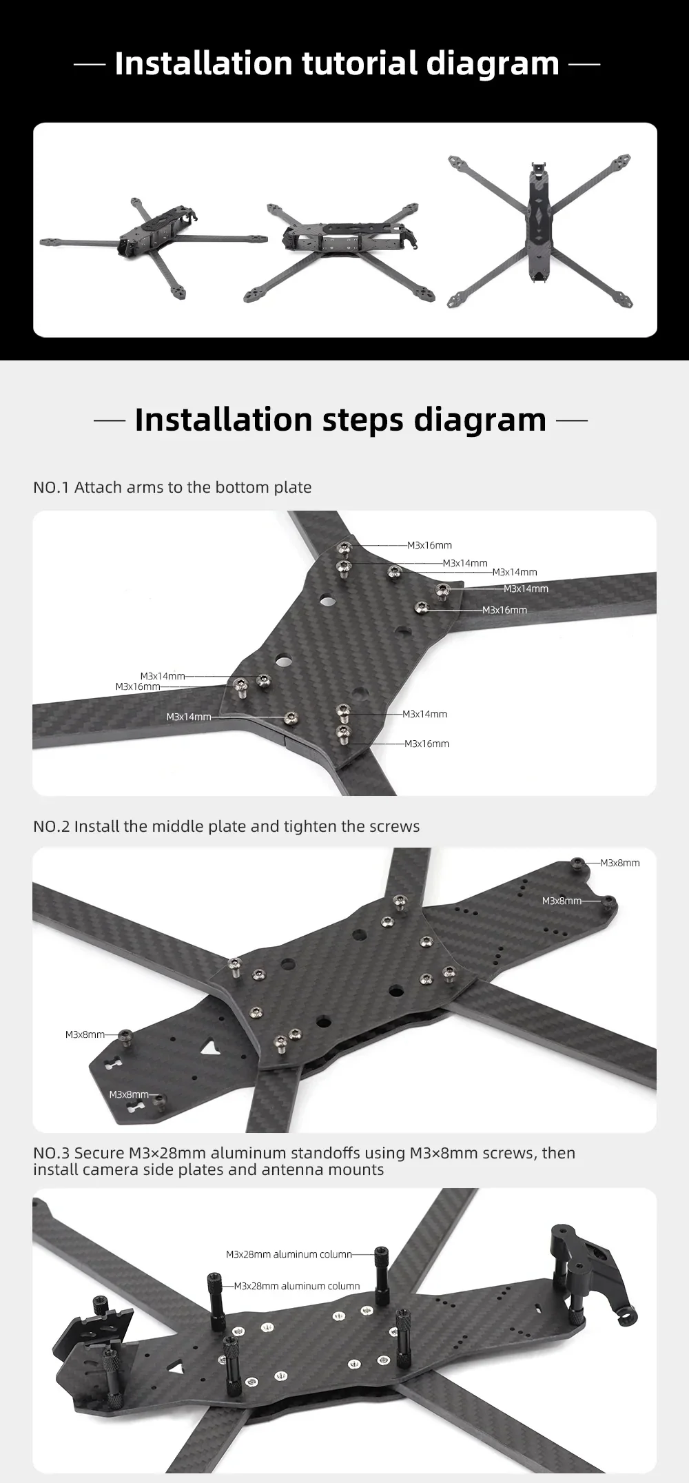 Installation steps diagram for MY10 frame showing arm mounting, middle plate install, standoffs, and camera side plates