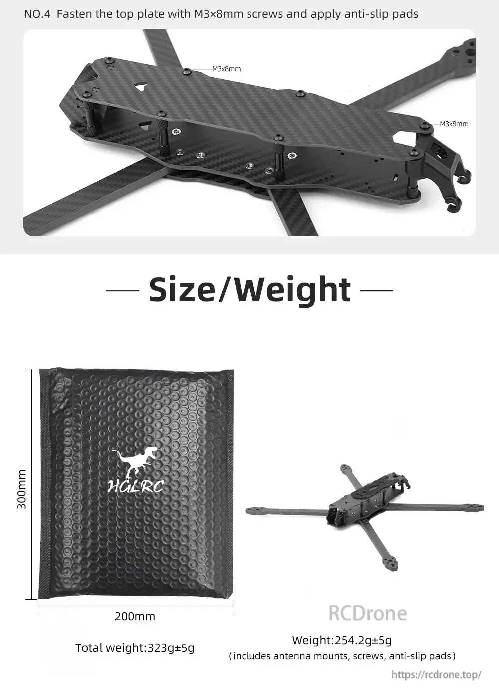 Size and weight reference for MY10 frame with packaging, listing 310×365mm dimensions and frame-only weight 254.2g ±5g