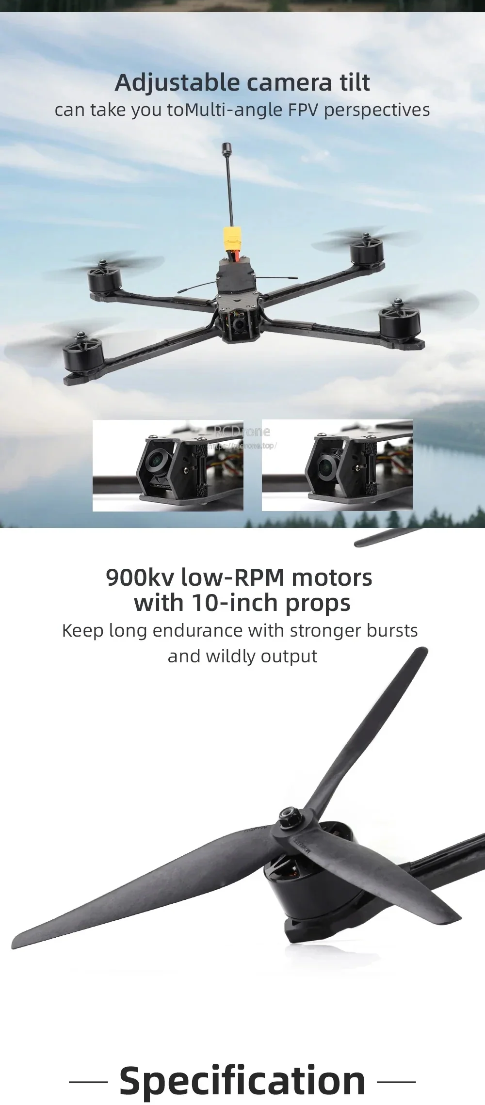 Adjustable FPV camera tilt and 3215 900KV (6S) low-RPM motors with 10-inch propeller close-up