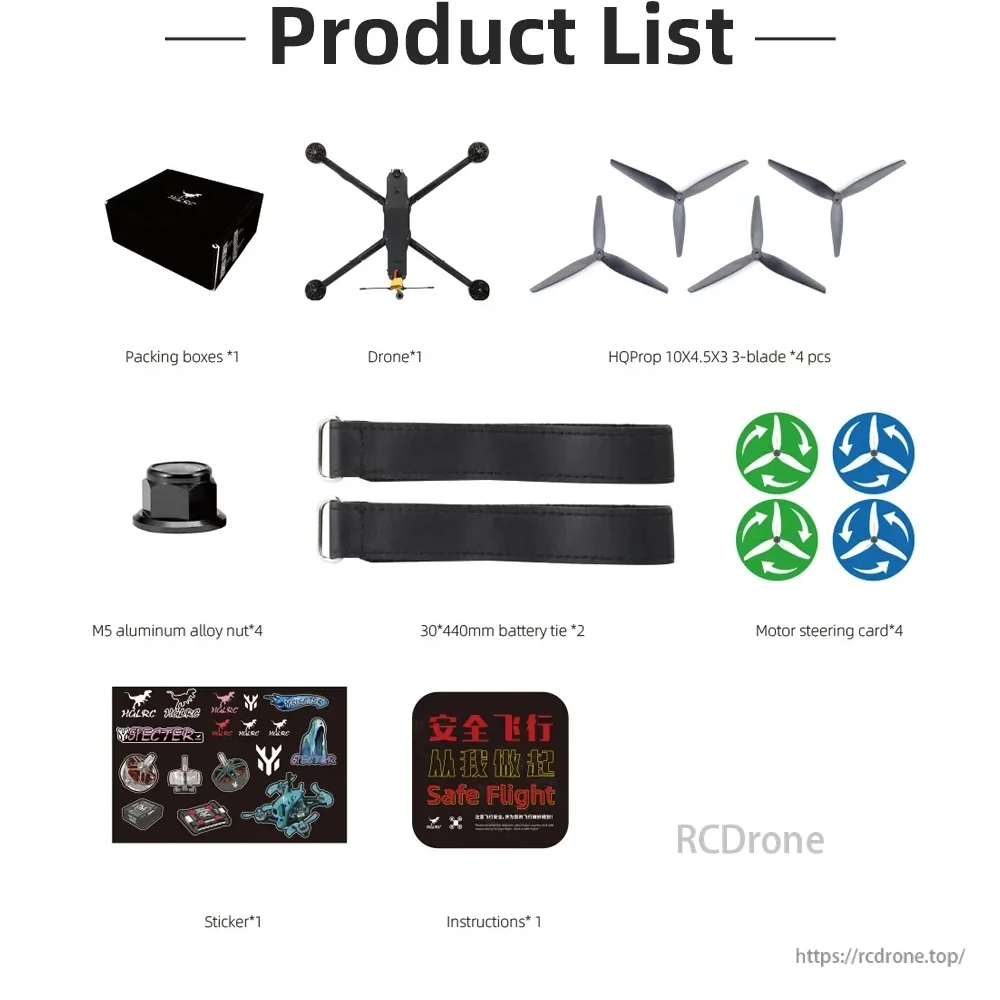 HGLRC MY10 package contents: drone, HQProp 10x4.5x3 props, straps, M5 nuts, motor cards, manual and stickers