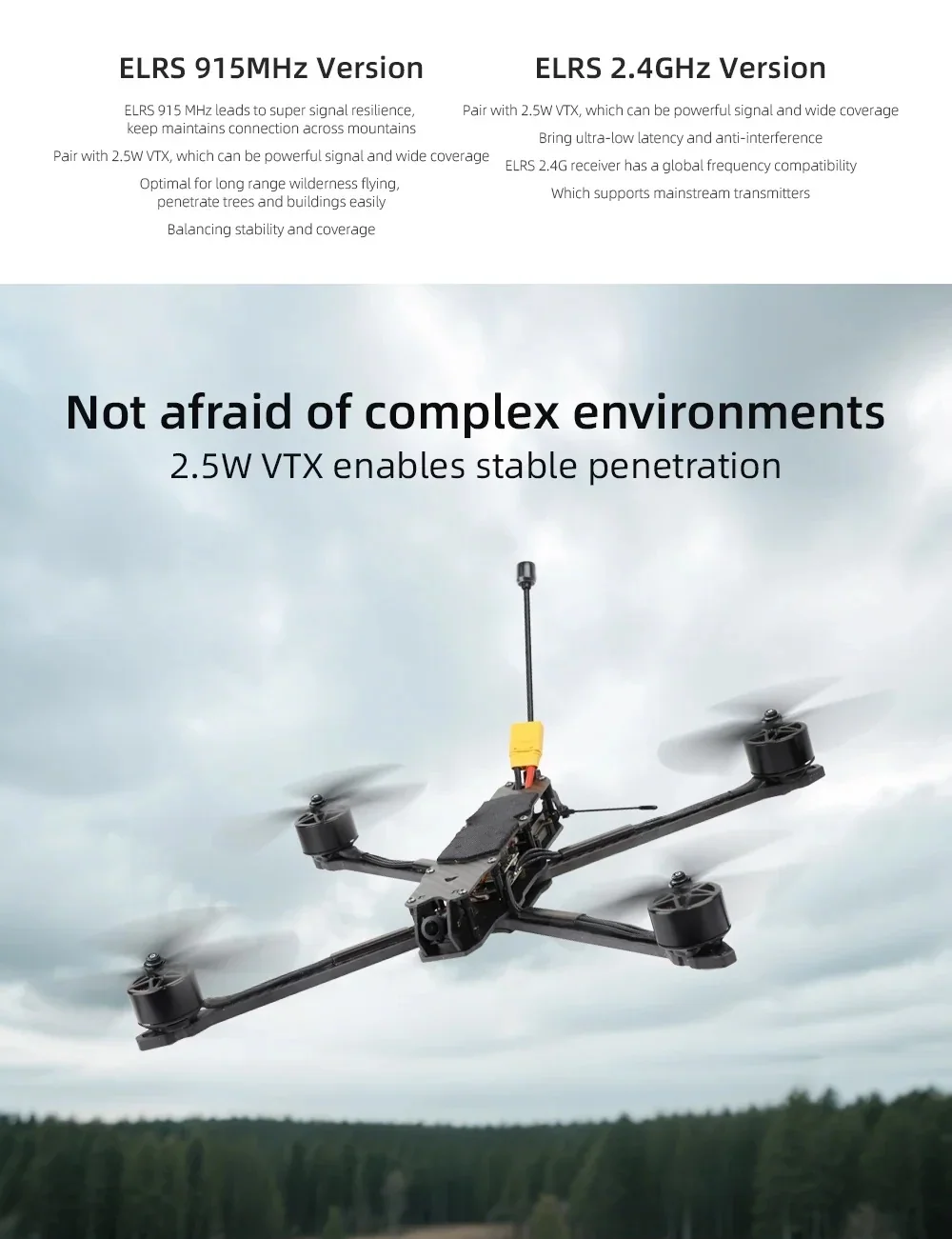 HGLRC MY10 in flight highlighting 2.5W VTX signal penetration for stable video in complex environments