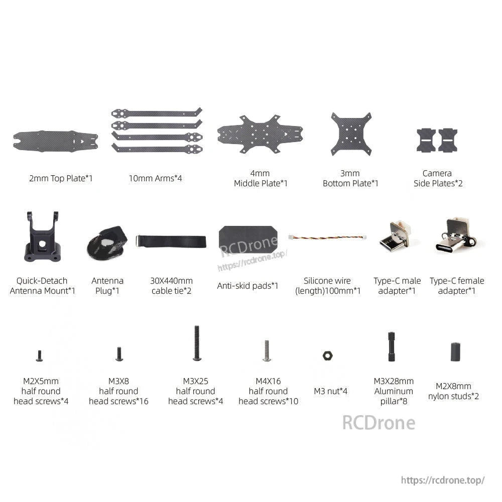 HGLRC MY15 frame kit parts layout with plates, arms, camera side plates, adapters, wires and screws