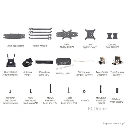 HGLRC MY15 frame kit parts layout with plates, arms, camera side plates, adapters, wires and screws