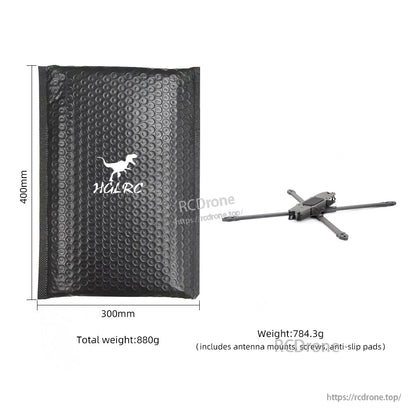 HGLRC bubble mailer packaging size 300×400mm with frame weight and total weight callouts