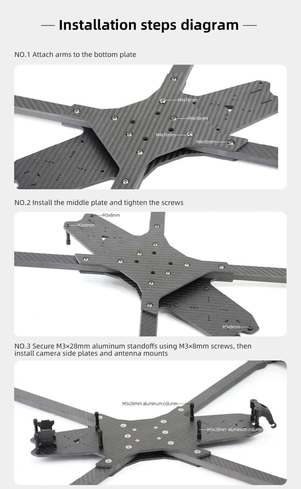Step-by-step assembly diagram for attaching arms, installing the middle plate, and adding standoffs