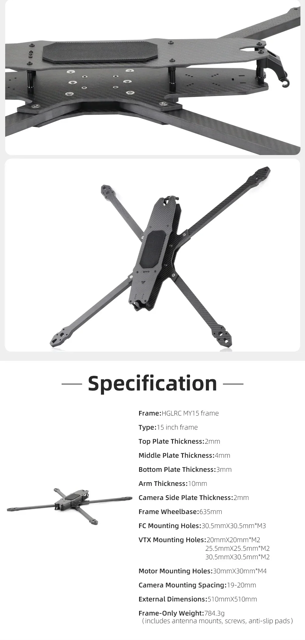 Top and bottom views of the MY15 carbon frame with multiple FC/VTX mounting hole patterns