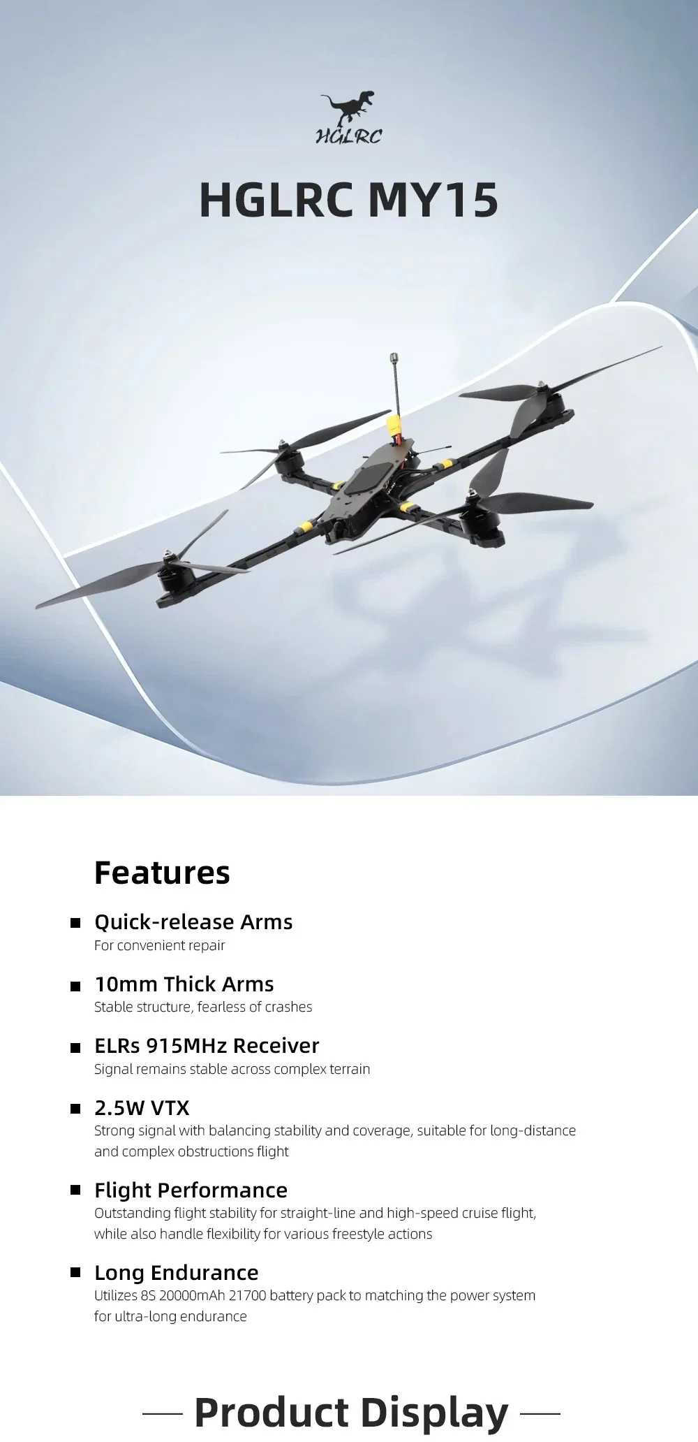 HGLRC MY15 long-range FPV drone (BNF) with 15-inch props, quick-release arms, and ELRS 915MHz